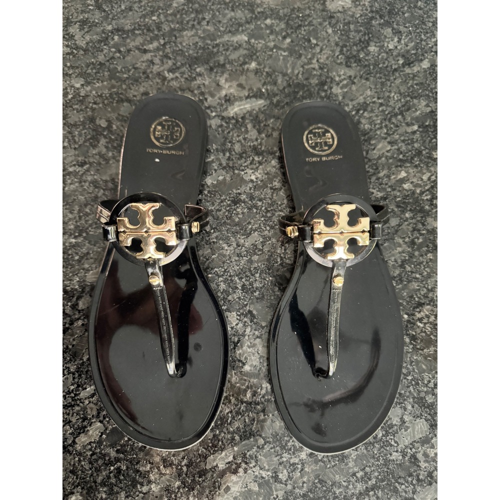 Tory Burch Miller Jelly Sandals Size 9 Black Gold Logo Thong Flats Missing Screw